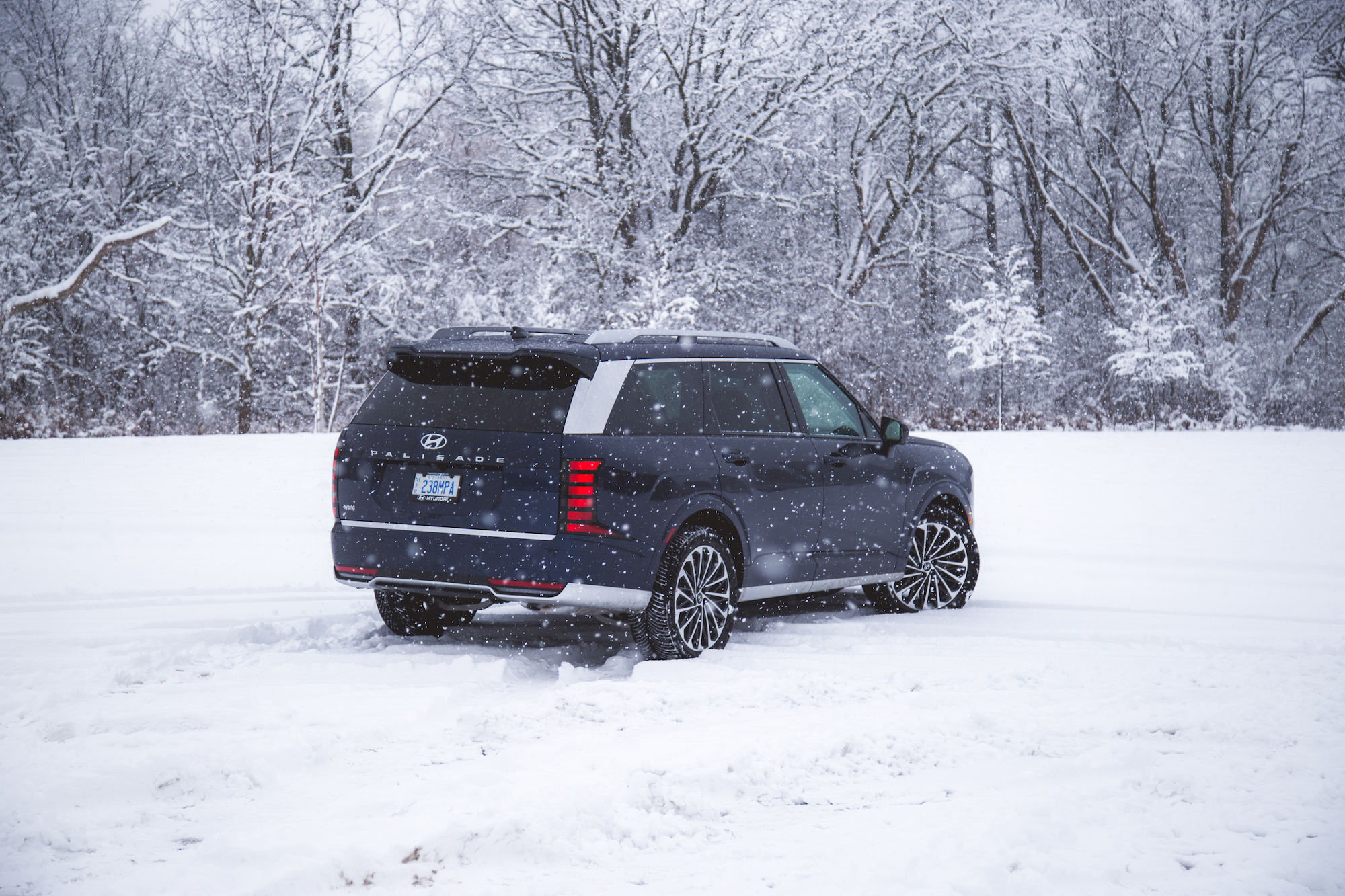 Un todoterreno azul oscuro estacionado en un paisaje nevado, con copos de nieve cayendo y árboles al fondo cubiertos de nieve.