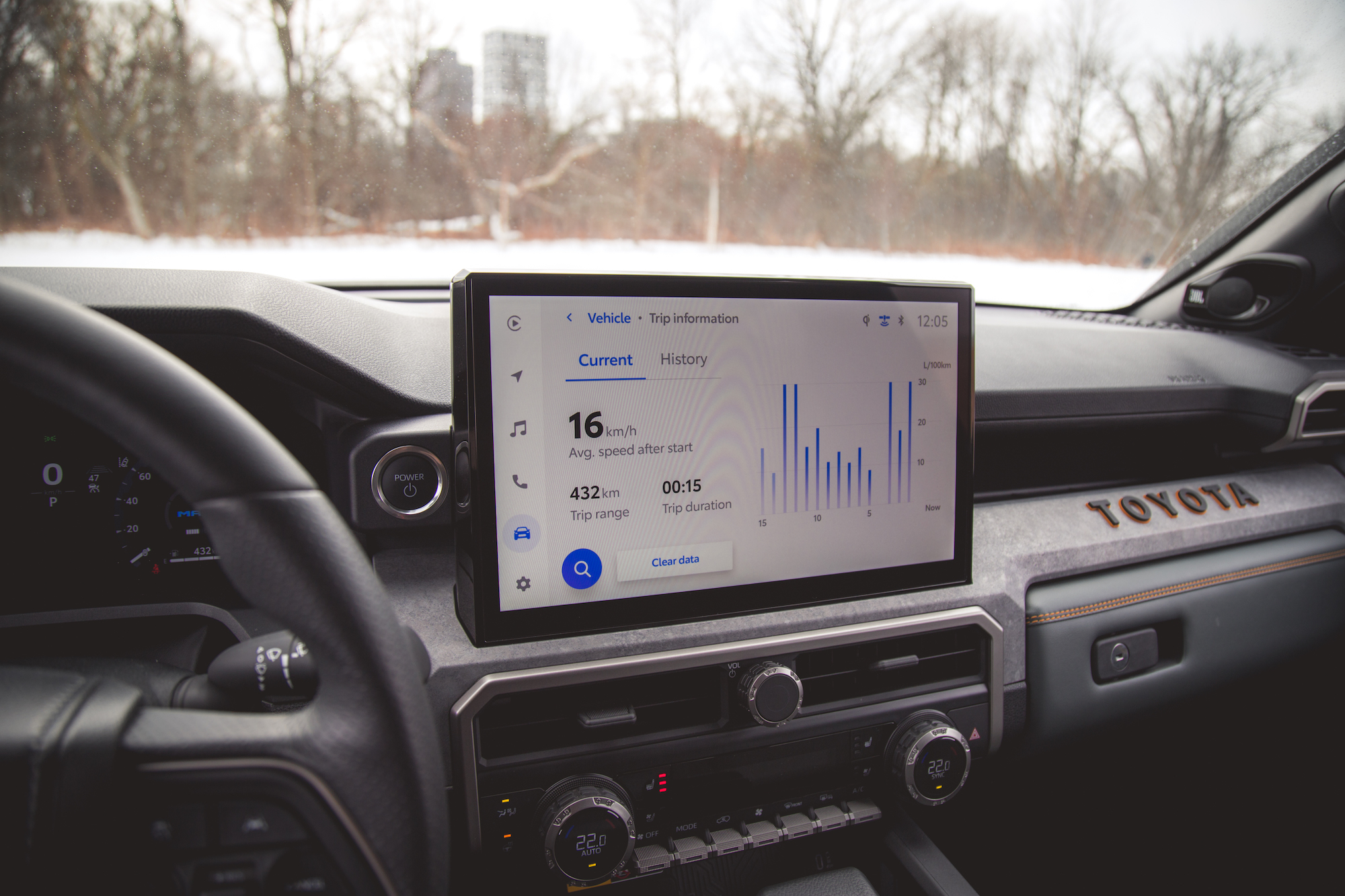 Vista interior de un vehículo Toyota que muestra una pantalla digital con información del viaje, incluida la velocidad promedio, la duración del viaje y la autonomía del viaje.