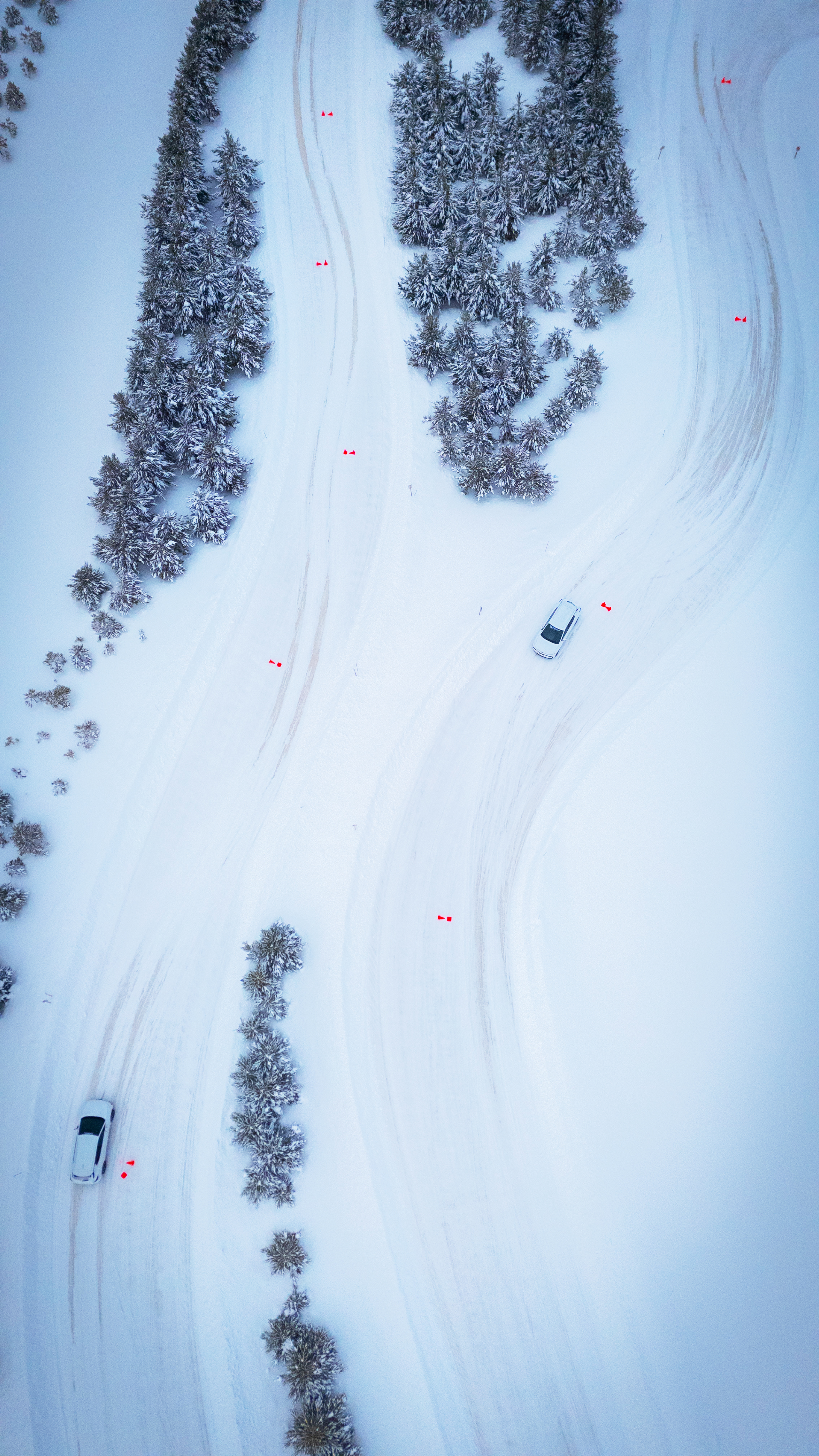 Aerial view of two cars navigating snowy, winding roads marked with red flags, surrounded by snowy trees.