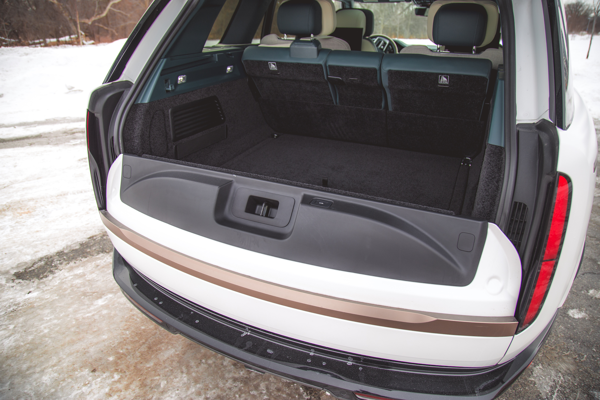 Vista trasera del área del maletero de un vehículo que presenta un interior espacioso y alfombras lujosas.