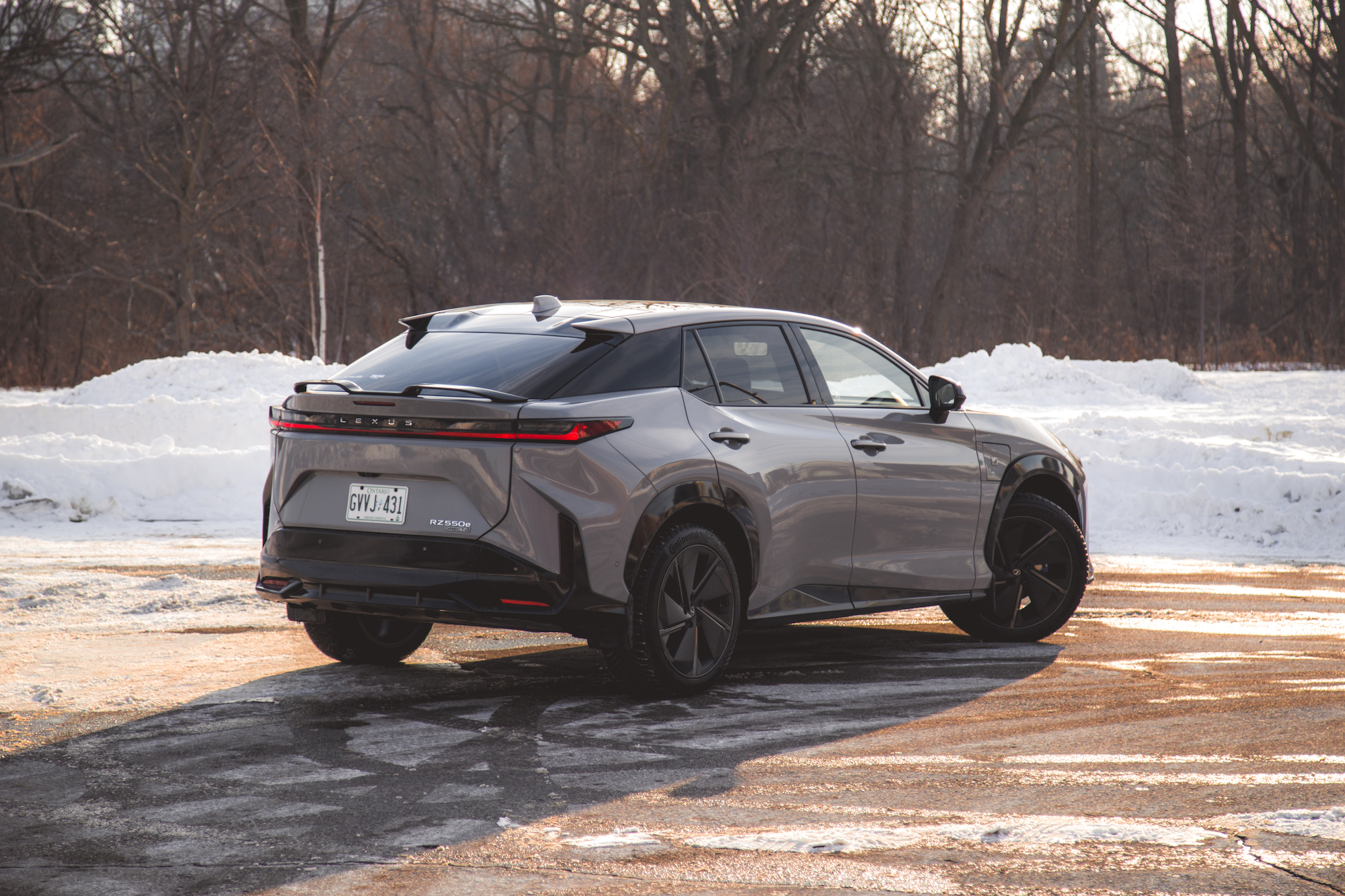 A gray Lexus RZ 450e parked on a snowy road with trees in the background.