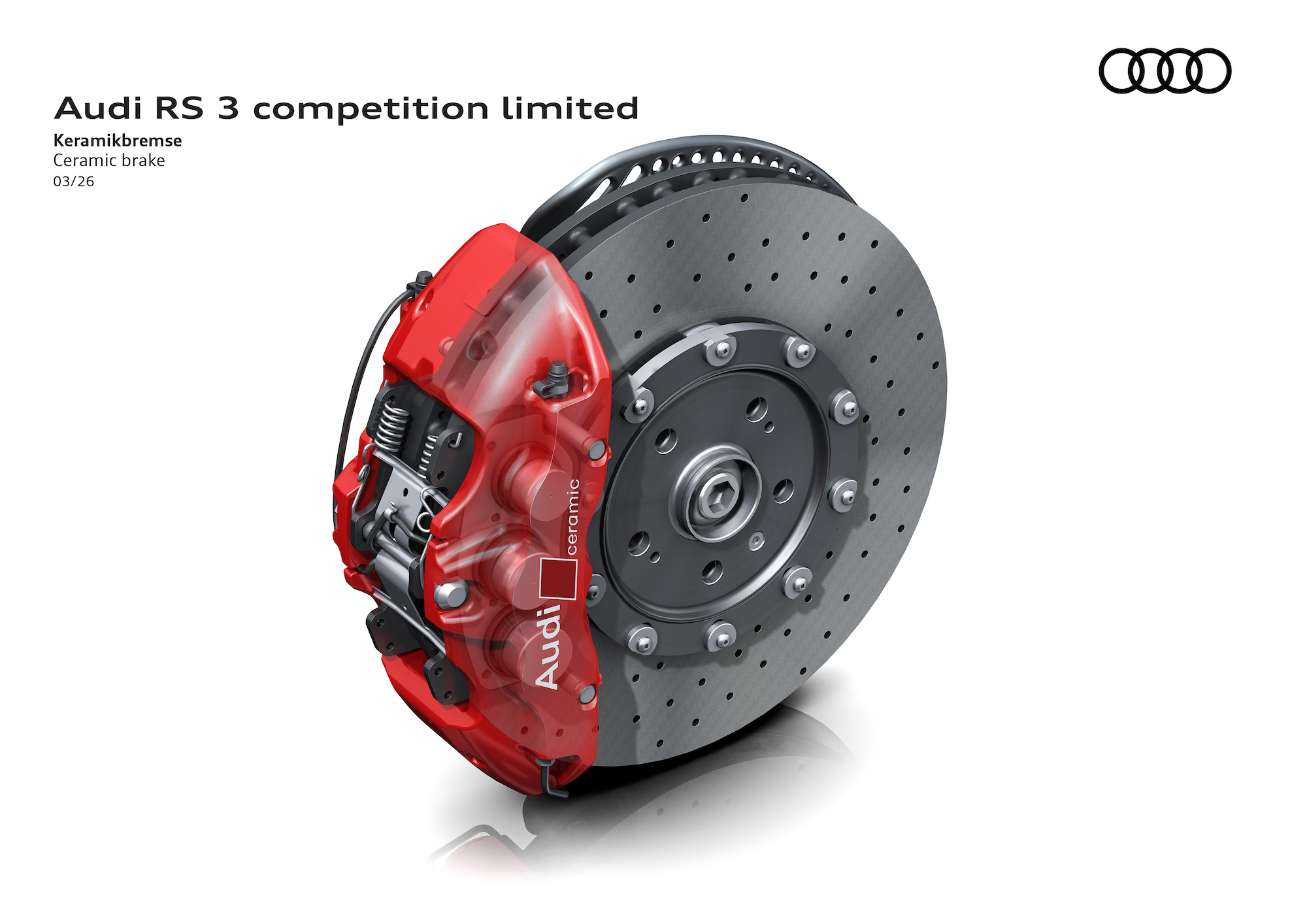 Close-up view of the Audi RS 3 competition limited ceramic brake system, featuring a red brake caliper and a perforated brake disc.