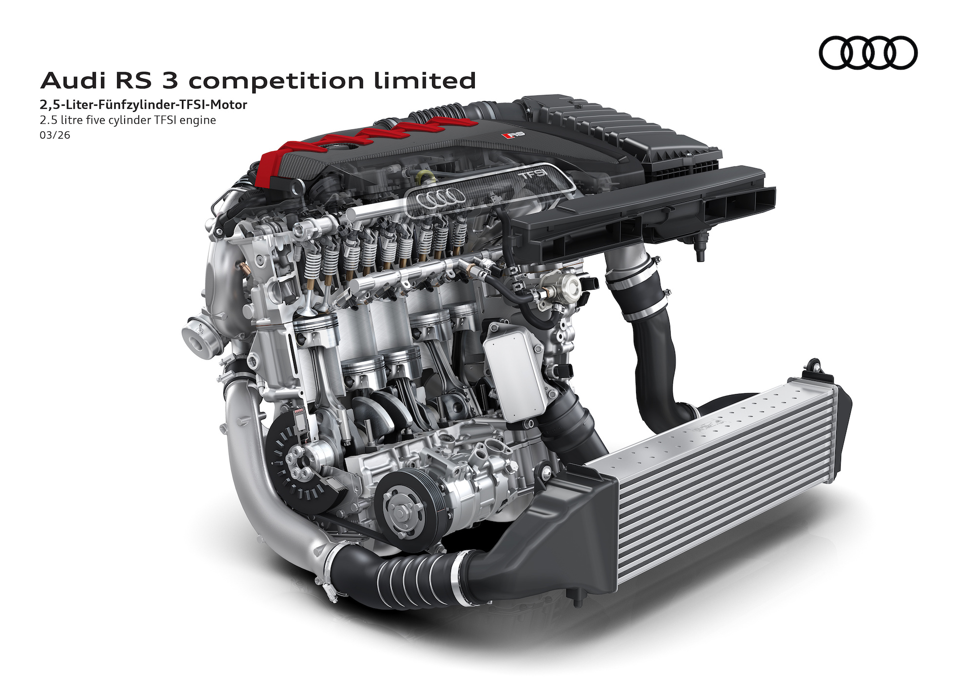 Cutaway view of an Audi RS 3 competition limited 2.5-liter five-cylinder TFSI engine, showing internal components and design details.