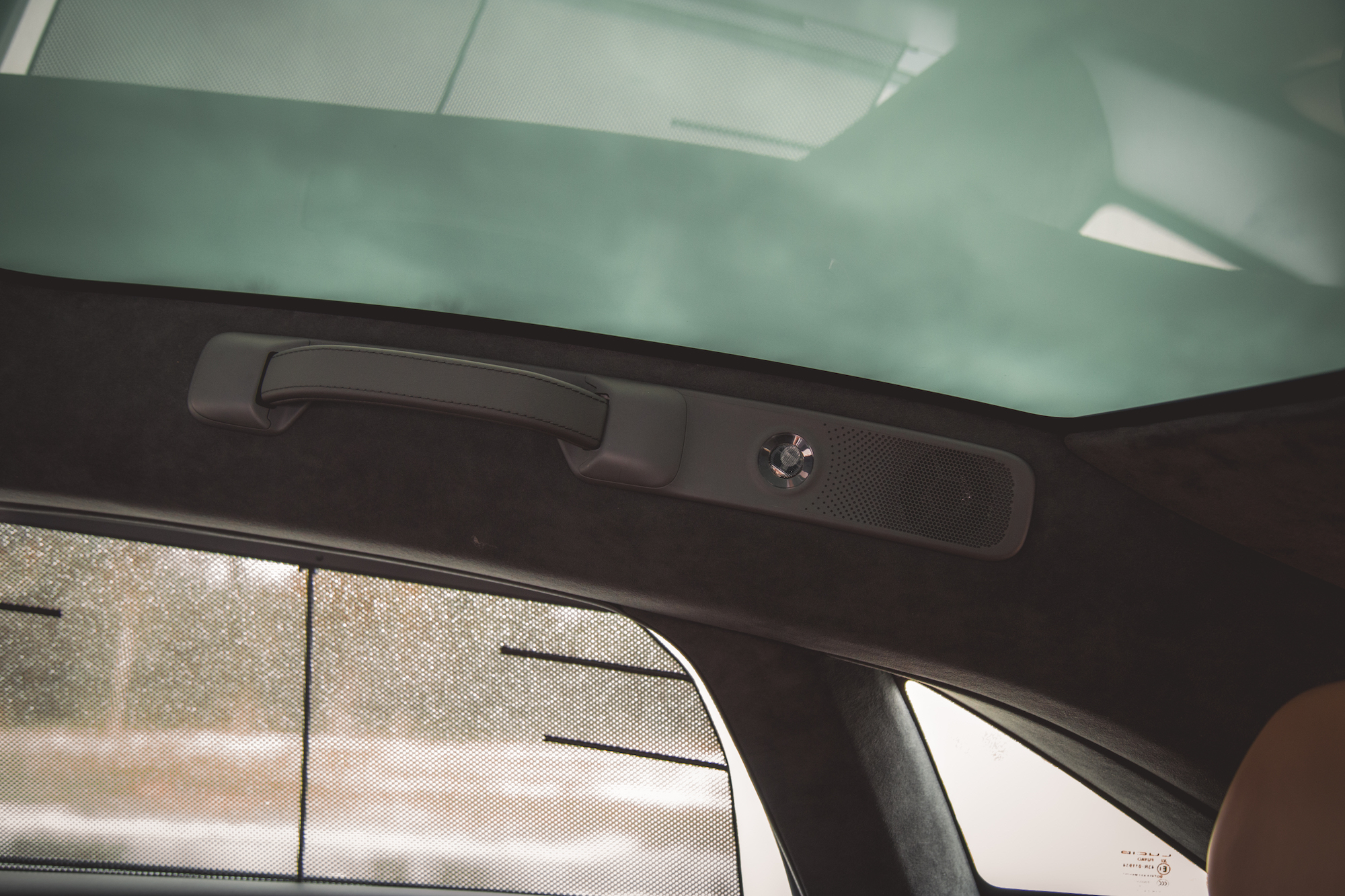 Vista interior de un automóvil con techo de cristal panorámico, manija superior y parrilla de altavoz.