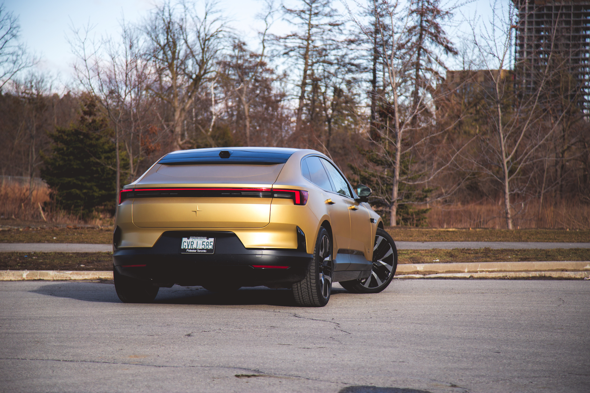 Una vista trasera de un automóvil eléctrico dorado estacionado en una zona boscosa, que muestra su diseño elegante y características modernas.