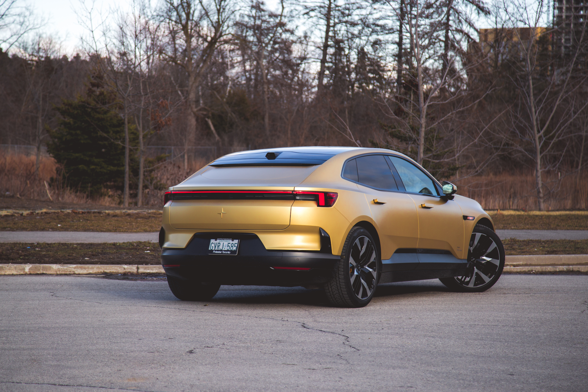 Un vehículo eléctrico dorado estacionado en un entorno al aire libre con árboles al fondo, mostrando su diseño elegante y características modernas.