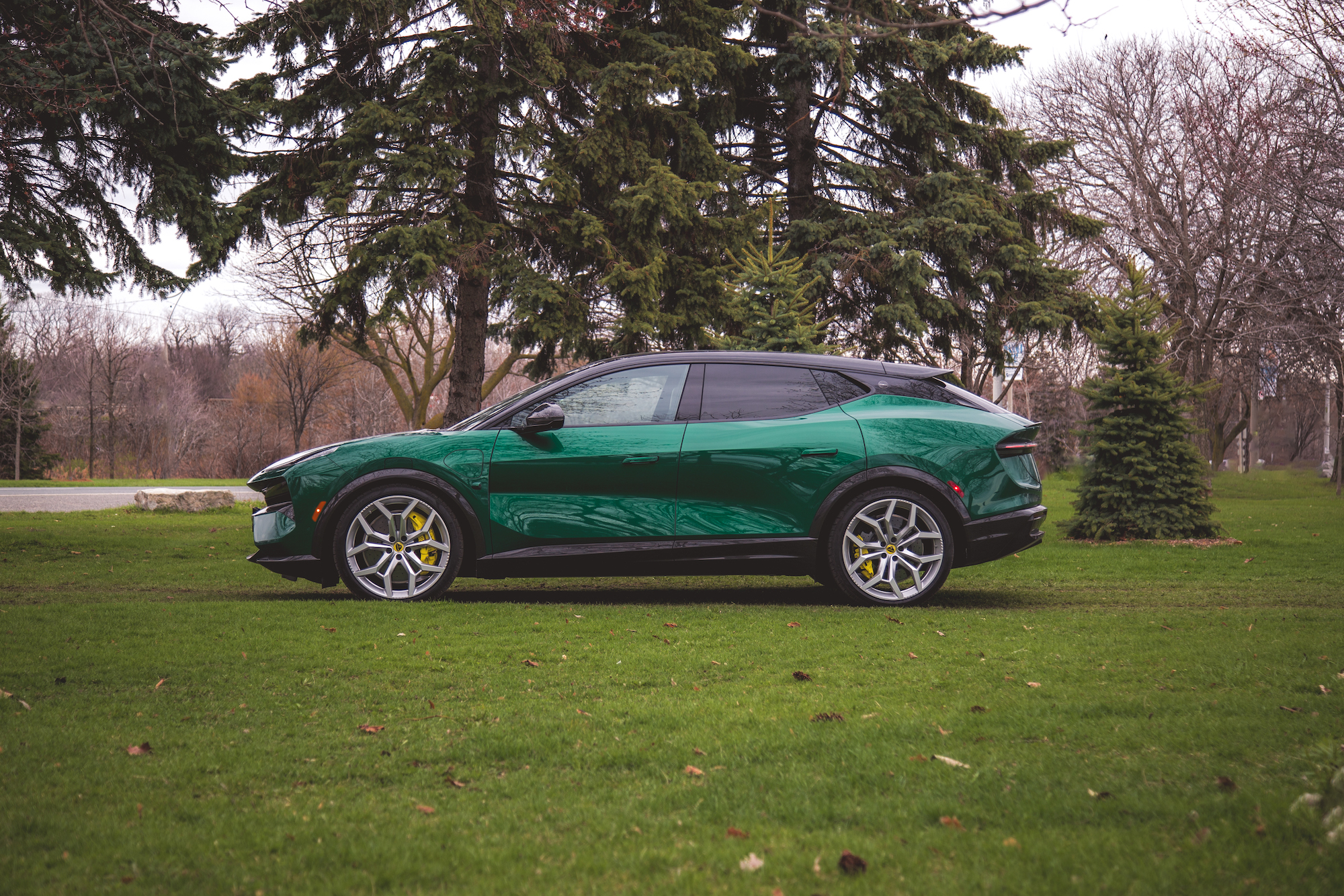 Un vehículo eléctrico verde estacionado sobre el césped, que muestra un diseño elegante con características modernas y llantas de aleación distintivas, con árboles al fondo.