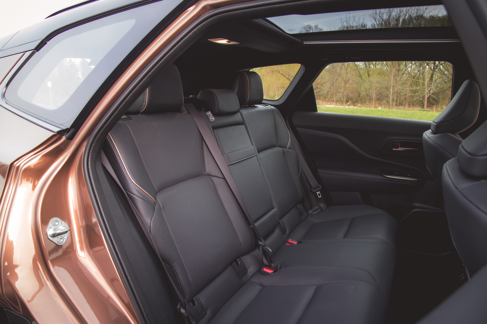 Vista interior del asiento trasero de un automóvil, con tapizado oscuro y dos reposacabezas, con amplio espacio y vista del paisaje exterior a través de la ventana.